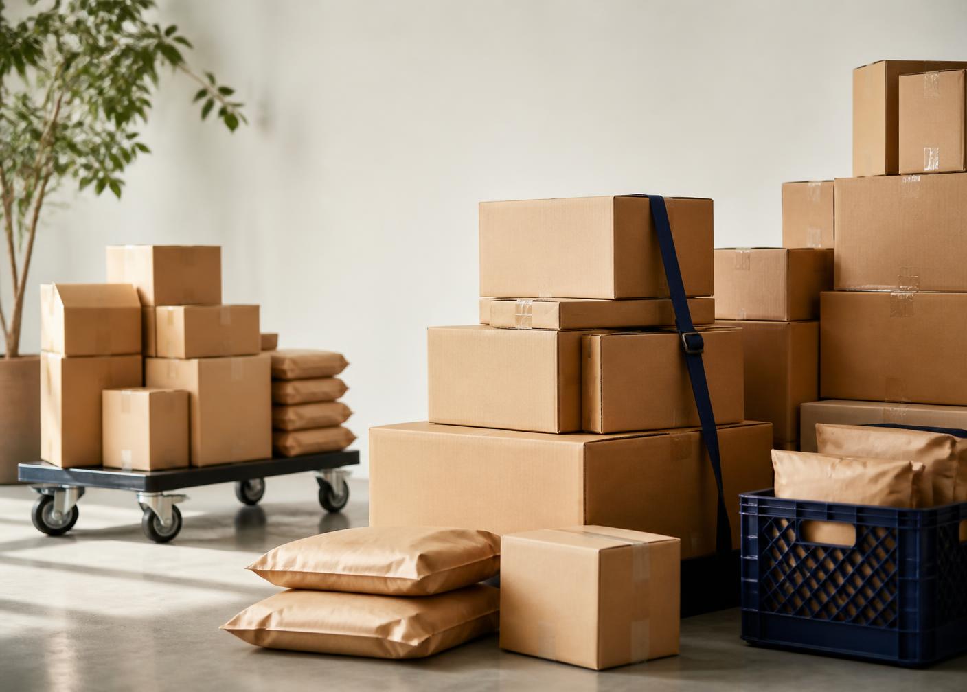 Kraft boxes and parcels packed ready for dispatch