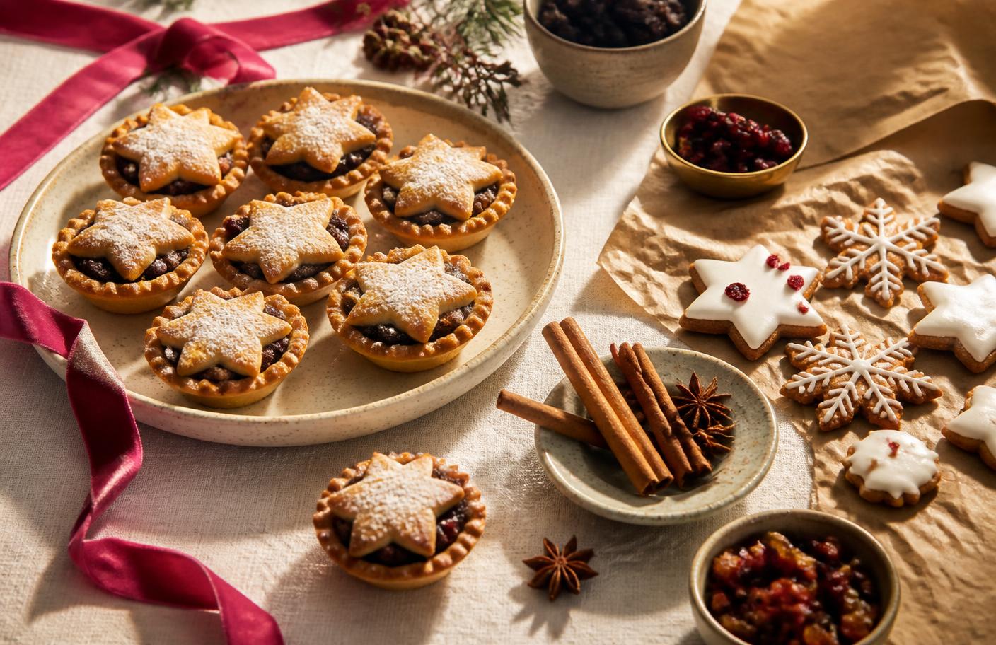 Festive baking spread with mince pies, iced biscuits and spices