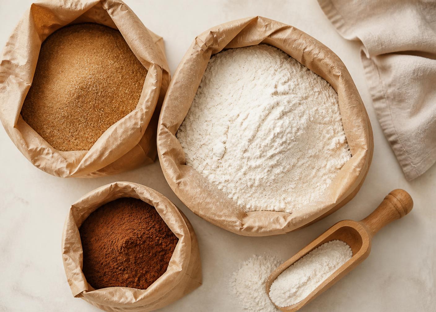 Kraft sacks of flour, brown sugar and cocoa with a wooden scoop