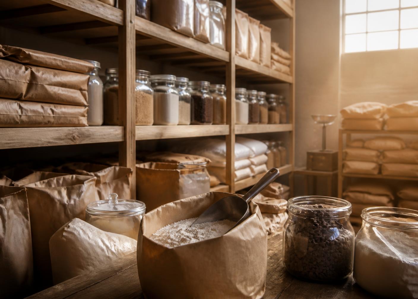 Wooden shelving stacked with kraft bags and jars of baking ingredients